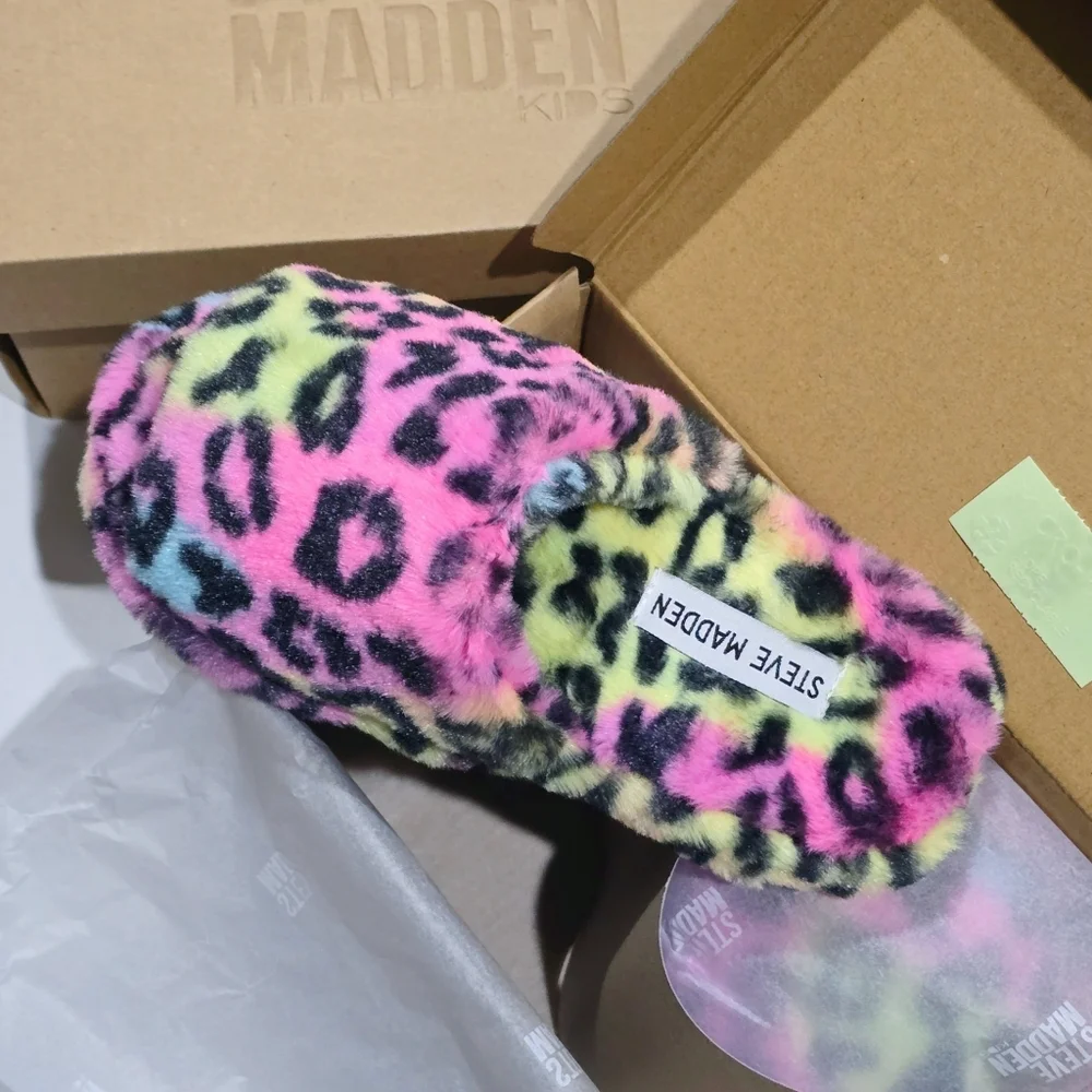 Steve Madden ✦ Frillz Slippers ✦ Faux Fur Animal Print w/ Open Toe & Grip Sole M